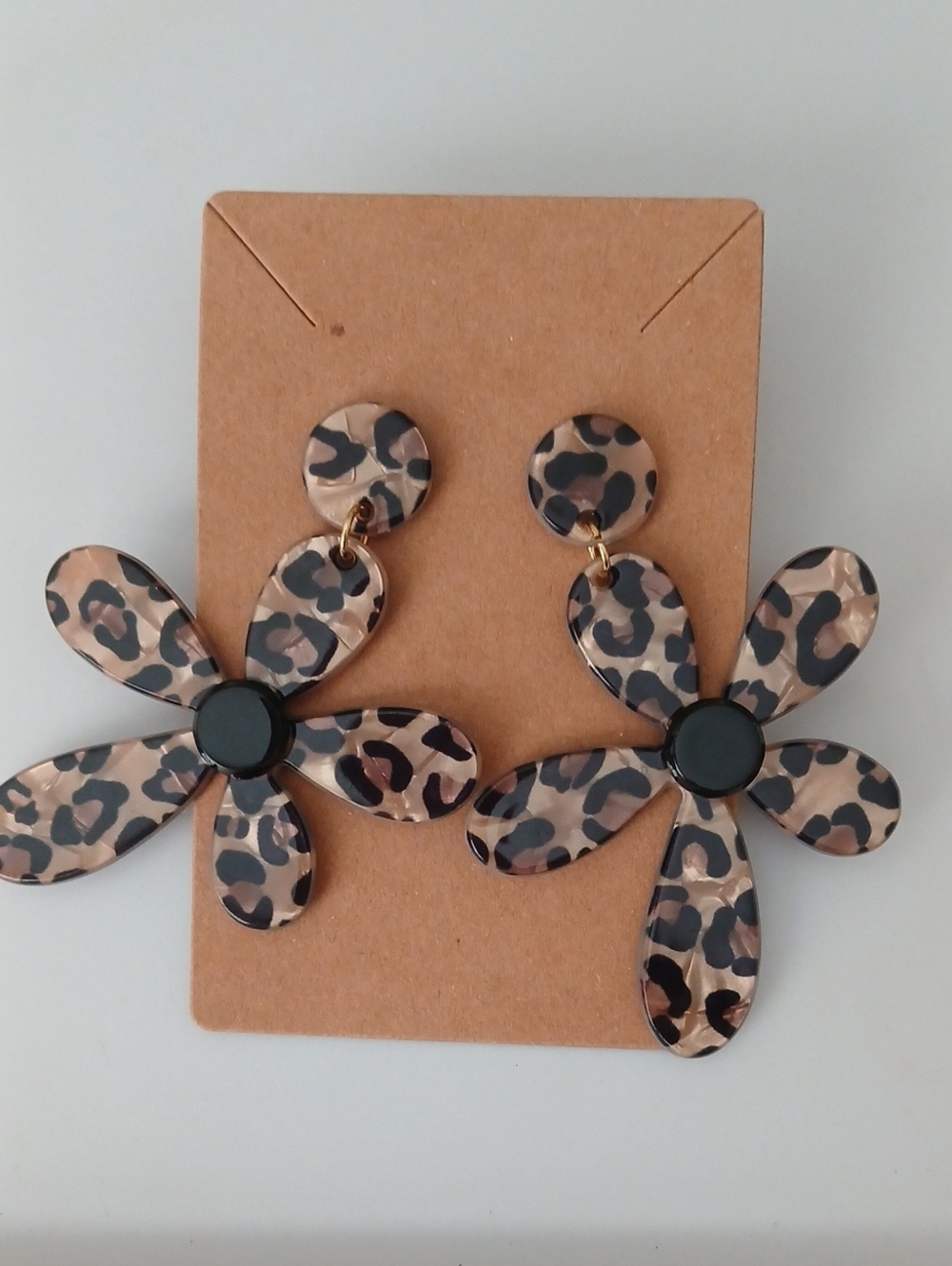 Fashion Jewelry Leopard Print Beige and Black Flower Drop Earrings